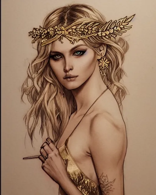 Image similar to tattoo design sketch of hot blonde super model as aphrodite greek goddess wearing a gold laurel wreath and triangle earrings, beautiful piercing gaze with sharp pupils, in the style of greg rutkowski, fantasy, amazing detail, epic, elegant, smooth, sharp focus, front view