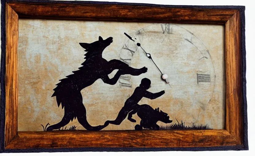 Image similar to a boy fighting a wolf on the edge of a clocktower, screen print