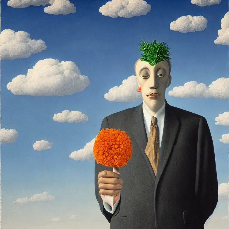 Prompt: portrait of a faceless beautiful flower - head man in a suit, clouds in the background, by rene magritte, detailed painting, distance, middle centered, hd, hq, high resolution, high detail, 4 k, 8 k