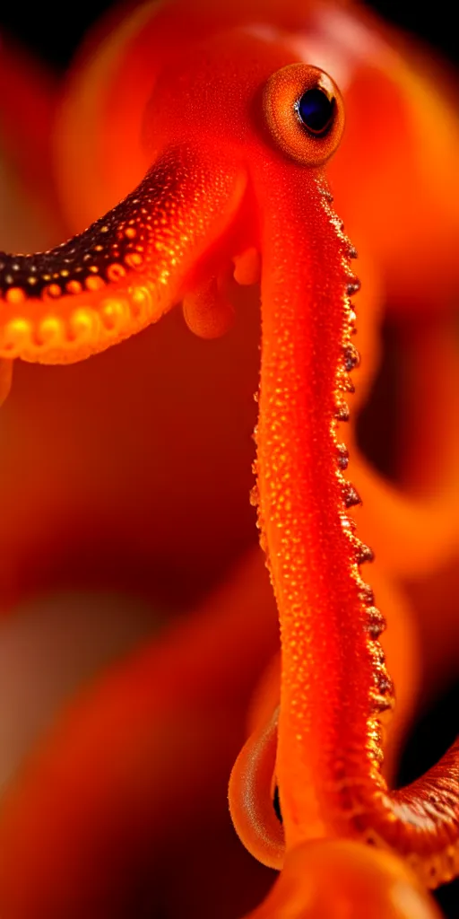 Image similar to fiery whimsical emotional eyes cephalopod, in a photorealistic macro photograph with shallow dof