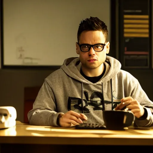 Image similar to dramatic still from Mr. Robot, A programmer expertly wrangling code late at night, intensely focused, coffee on his desk, highly detailed, sharp focus, cinematic lighting, hoodie