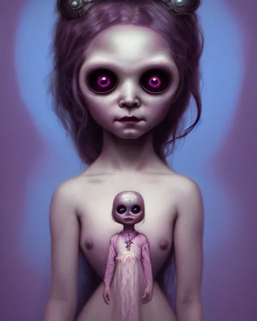Image similar to one singular portrait of a cute bioluminescent creepy doll, highly detailed, digital painting, cinematic, hyper realism, dark retrowave, art by mark ryden and pixar and artgerm and magali villeneuve and alphonse mucha, artstation, octane render, cgsociety