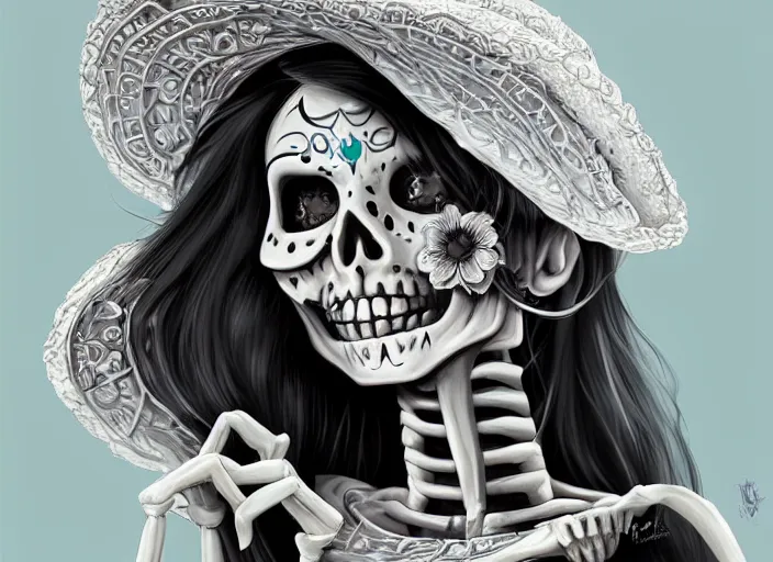 Image similar to cute & beautiful smiling undead skeleton girl wearing a sombrero, digital art, fantasy, painting, pin up, highly detailed, art by artgerm