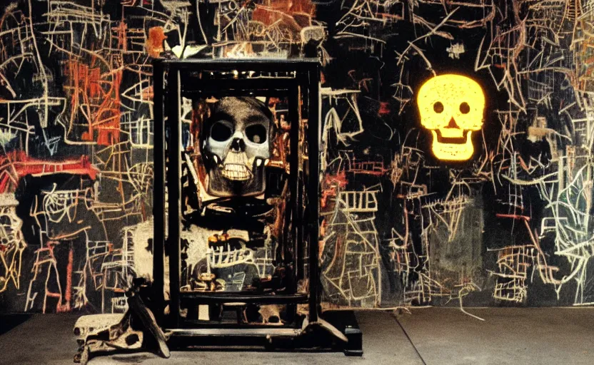 Image similar to photograph of a skull machine built by basquiat perfect composition masterpiece dramatic lighting