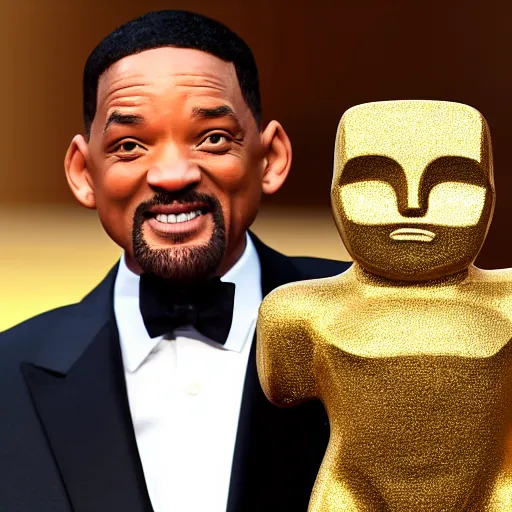 Image similar to Will Smith on the Oscars Stage holding an Academy Awards Trophy replaced with a Golden mini Moai, full body, 8k, hyperrealism, award winning photograph