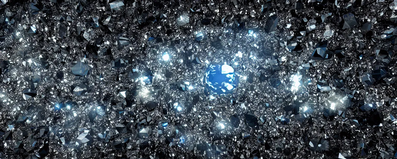 Image similar to asteroid made of shiny diamonds and crystals, [ shards, facets, cinematic, detailed, epic, widescreen, opening, establishing, mattepainting, photorealistic, realistic textures, octane render ]