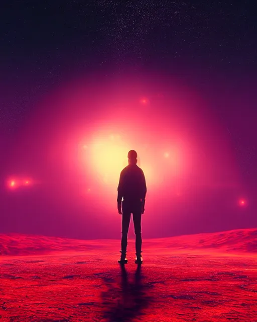 Image similar to a person standing in front of a glowy open door that's on a barren moon, poster art by mike winkelmann, trending on cg society, space art, sci - fi, ue 5, futuristic, volumetric lighting, light casting onto the ground, neat composition and camera angle