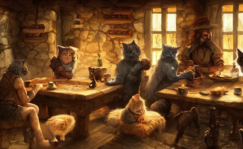 Prompt: cat folk talking inside a tavern, fantasy art, cozy, dnd, digital art, 4 k