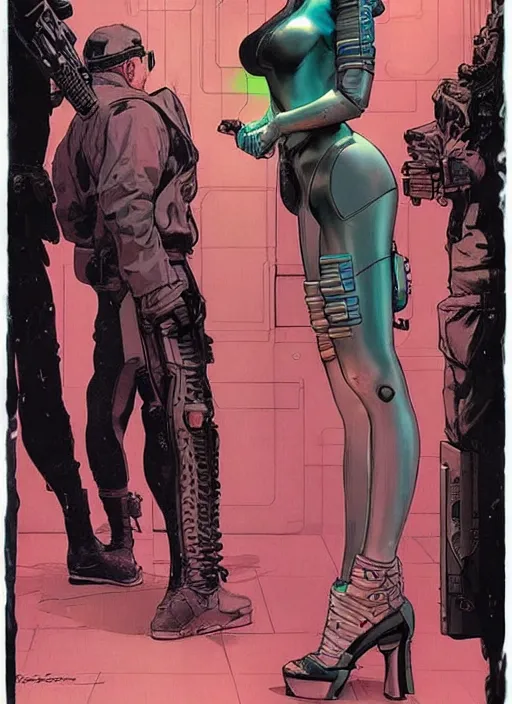 Image similar to cyberpunk hitwoman walking into a nightclub. portrait by mœbius and will eisner and gil elvgren and pixar. realistic proportions. cyberpunk 2 0 7 7, apex, blade runner 2 0 4 9 concept art. cel shading. attractive face. thick lines.