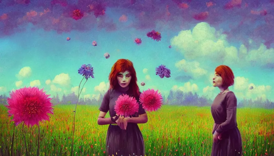 Image similar to girl with a giagantic flower as a face, surreal photography, dream, standing in flower field, hills, big trees, sunrise dramatic light, impressionist painting, colorful clouds, digital painting, pointillism, artstation, simon stalenhag, flower face