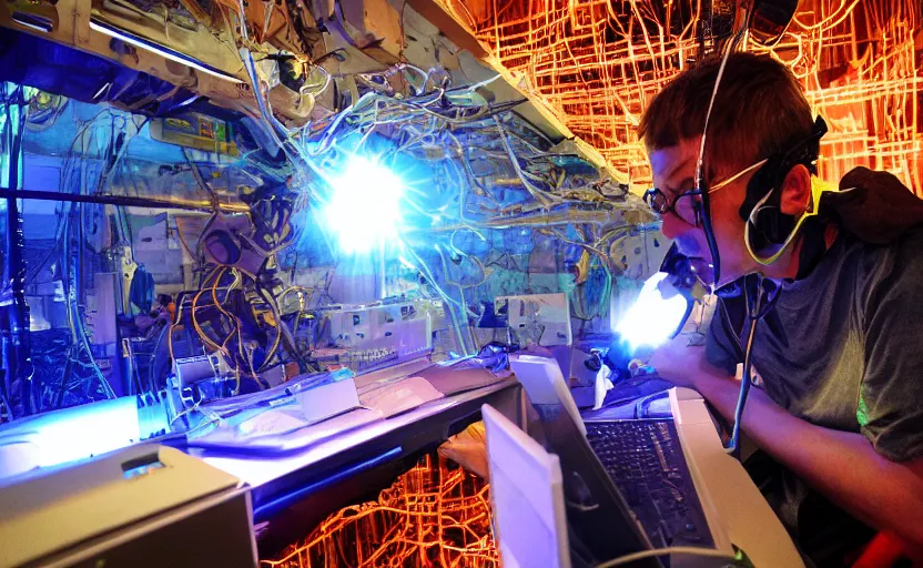 Prompt: human man person, toiling away in agony in the laser mines to power computer 24 hours a day, 4k, bandolier