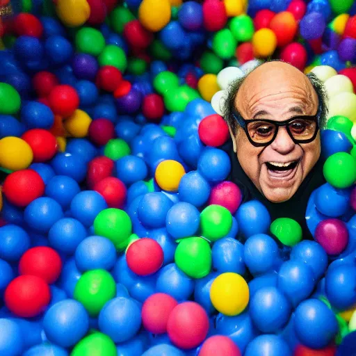 Image similar to danny devito playing in a ball pit, canon eos r 3, f / 1. 4, iso 2 0 0, 1 / 1 6 0 s, 8 k, raw, unedited, symmetrical balance, wide angle