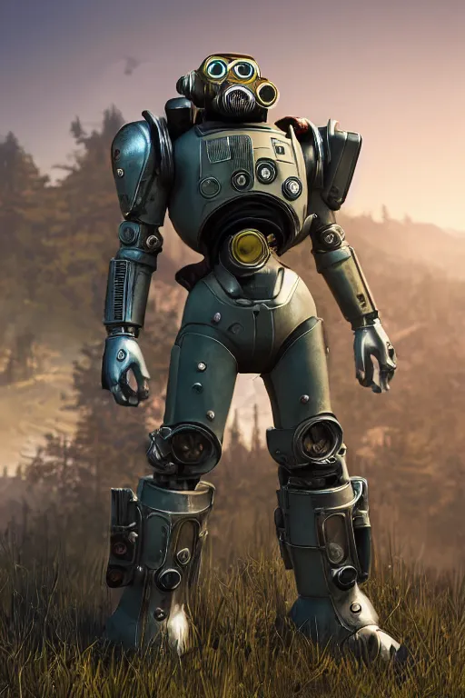 Image similar to fallout 7 6 power armor, hyper realistic, design by mark ryden and pixar and hayao miyazaki, unreal 5, daz, hyperrealistic, octane render, cosplay, rpg portrait, dynamic lighting, intricate, that looks like it is from borderlands and by feng zhu and loish and laurie greasley, victo ngai, andreas rocha, john harris