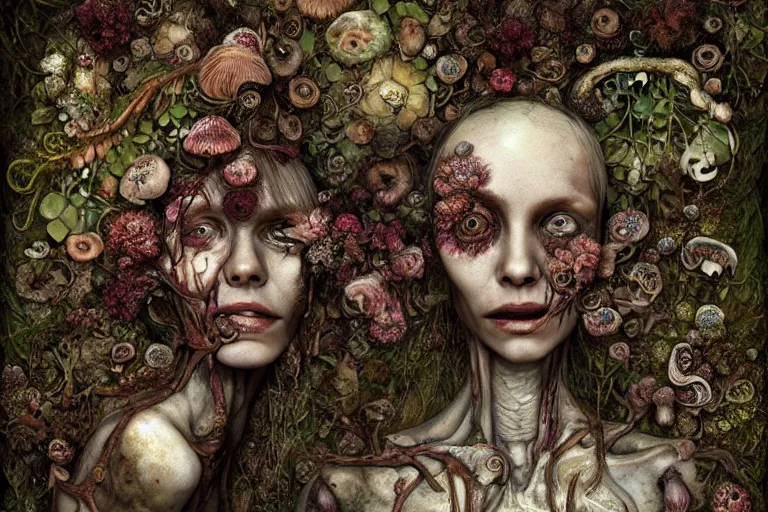 Image similar to beautiful and detailed rotten woman corpse with fractal plants and fractal flowers and mushrooms growing around, face muscles, veins, arteries, intricate, ornate, surreal, ray caesar, john constable, guy denning, dan hillier