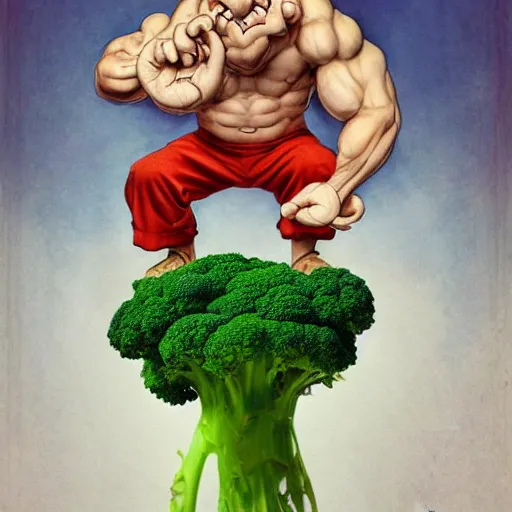 Image similar to a masterpiece portrait of popeye with huge biceps holding a broccoli. very detailed eyes. intricate, elegant, highly detailed. trending on artstation, digital art, by stanley artgerm lau, wlop, rossdraws, james jean, andrei riabovitchev, marc simonetti, yoshitaka amano