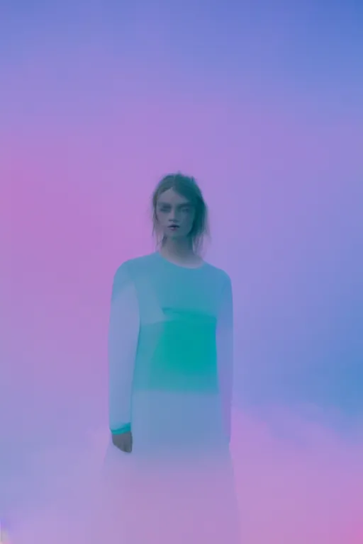 Image similar to high quality pastel coloured film close up wide angle photograph of a model wearing clothing swimming on cloud furniture in a icelandic black rock!! environment in a partially haze filled dreamstate world. three point light, rainbow. photographic production. art directed. pastel colours. volumetric clouds. pastel gradient overlay. waves glitch artefacts. extreme facial clarity. 8 k. filmic.