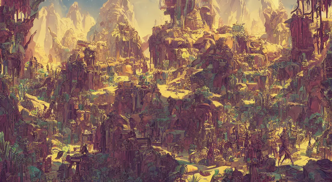 Image similar to vector wonderland bazaar zouk old egypt epic fantasy painting photoshop that looks like it is from borderlands and by feng zhu and loish and laurie greasley, victo ngai, andreas rocha, john harris