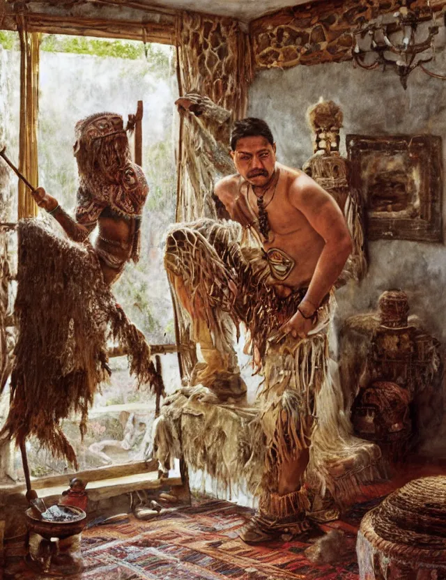 Image similar to a mayan jaguar warrior in country house, cottage core, cinematic focus, bleached vintage pastel colors high - key lighting, soft lights, foggy, by steve hanks, by lisa yuskavage, by serov valentin, by tarkovsky, detailed, oil on canvas