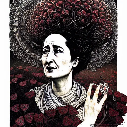 Prompt: portrait of rosa luxemburg painted in ian mcque style drawn by vania zouravliov and takato yamamoto, inspired by fractal flowers, intricate acrylic gouache painting, high detail, sharp high detail, artstation