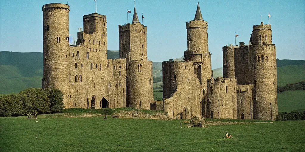 Image similar to A full color still from a Stanley Kubrick film featuring a a large black medieval tower in a green valley, 35mm, 1975