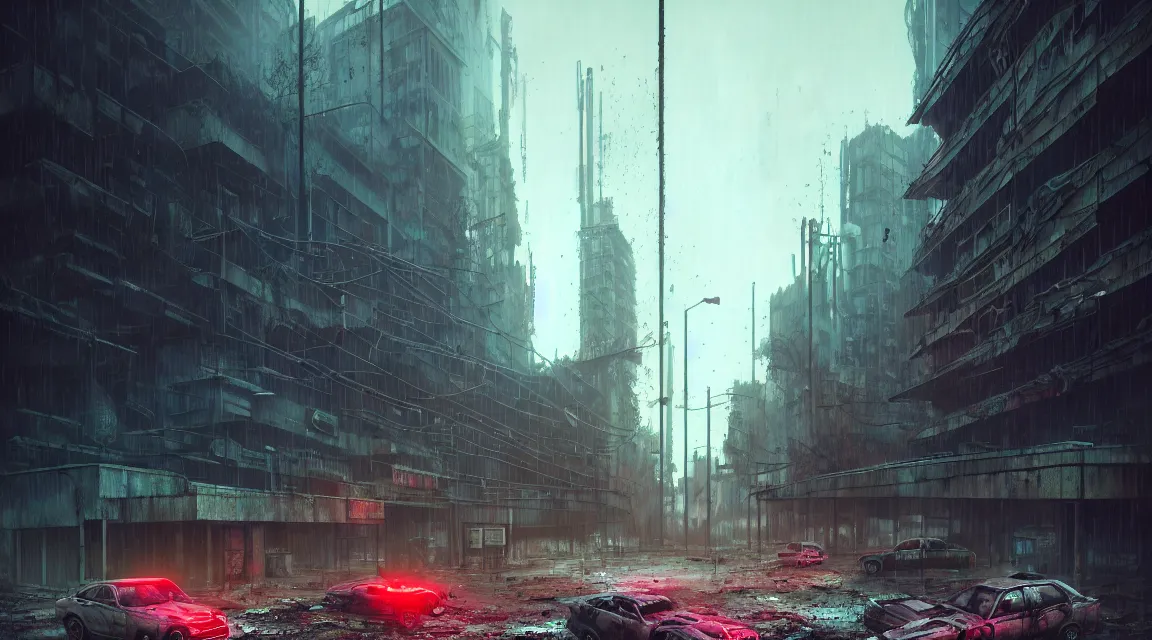 Image similar to post apocalyptic city building, raining, building, avenue, modern contemporary urban americana concrete architecture, by pascal blanche, neil blevins, cyberpunk color scheme, trending on artstation, photorealistic, neon ambiance, ultra detailed, high definition, depth of field, bokeh, rubble, wild vegetation, blood stains, building crumbling, post - apocalyptic warriors