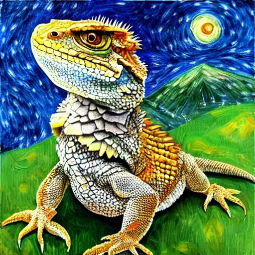 Image similar to Painting of a Bearded Dragon in the style of Starry Night