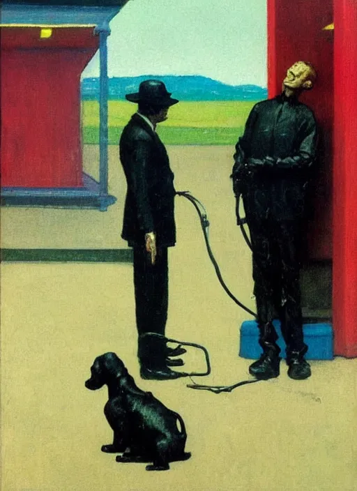 Image similar to two figures and a black dog at gas station with portable oxygen tank in the style of Francis Bacon and Zdzislaw Beksinski, Edward Hopper and Norman Rockwell, highly detailed, very coherent, triadic color scheme