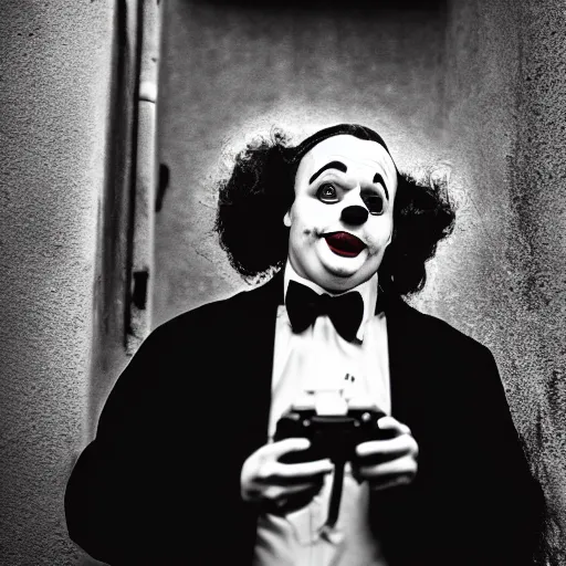 Image similar to an old black & white 5 0 mm close up portrait of a man dressed up as a clown holding a playstation controller in a dark foggy alley