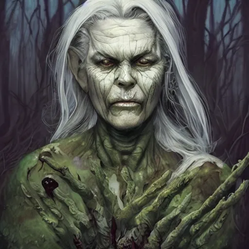 Image similar to fantasy portrait of an energetic old nurgle cultist woman with silky, cloudy grey hair, black scars on her face, swamp vegetation in the background, nocturnal palette, art by greg rutowski, raphael lacoste, eddie mendoza, artgerm, trending on artstation