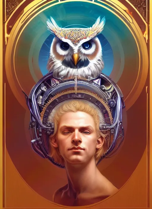 Image similar to the pale blond sun god apollo smirking, owl helmet, full body shot, steampunk, glowing eyes, volumetric lights, red and cyan theme, art nouveau botanicals, intricate, highly detailed, digital painting, artstation, concept art, smooth, sharp focus, cinematic, illustration, beautiful face, art by artgerm and greg rutkowski and alphonse mucha