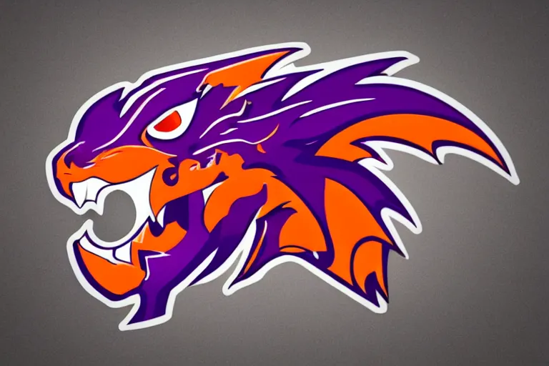 Image similar to a nice beautiful orange and purple vector sticker e-sports logo of a dragon head