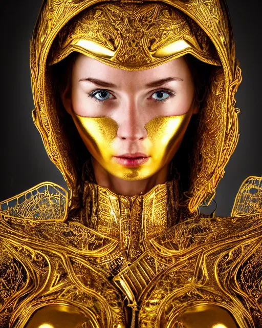 Image similar to award winning photograph portrait of woman in shining golden armor, high production value, intricate details, high resolution, hdr, high definition, masterpiece, realistic, ultrarealistic, highly detailed, hd, sharp focus, non blurry, sharp, smooth