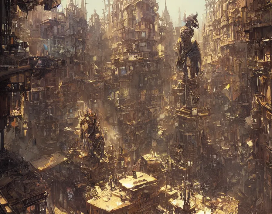 Image similar to retro plaza in victorian steampunk city, on a steep hill, a Griffin stands with people gathered around it, daniel dociu, liang mark, syd mead, jeremy mann, artsation, john berkey