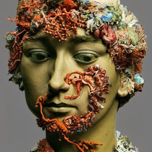 Image similar to a sculpture portrait made of seaweed and coral and shells and lilies, painting part by wojciech siudmak, part by ilya repin, part by max ernst, part by norman rockwell, artstation