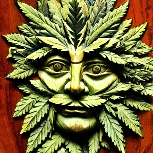 Image similar to deeply carved and stained, highly detailed wood carving depicting the face of the green man, as if made of cannabis fan leaves, resting in a bed of real cannabis leaves