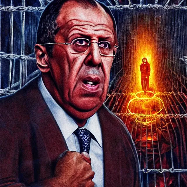 Prompt: shocked sergey lavrov with tears in cage, cage, hell, hyper - realistic, sharp focus, depth of field, hyper - detailed visionary art, symmetric, hell, holy halo, dramatic ambient lighting, high detail, vibrant colors, the thing 1 9 8 2, judgment day, apocalypse,