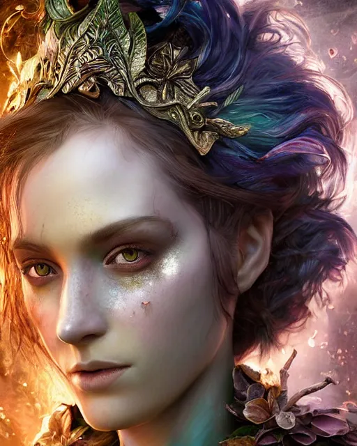 Image similar to portrait high definition photograph female fantasy character art, hyper realistic, pretty face, hyperrealism, iridescence water elemental, snake skin armor forest dryad, woody foliage, 8 k dop dof hdr fantasy character art, by aleski briclot and alexander'hollllow'fedosav and laura zalenga