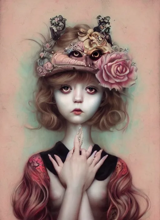 Prompt: pop surrealism, lowbrow art, realistic cute alice girl painting, japanese street fashion, hyper realism, muted colours, rococo, natalie shau, lori earley, tom bagshaw, mark ryden, trevor brown style,