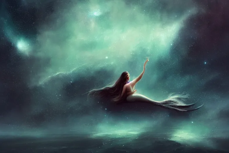 Image similar to the night sky is an upside down ocean, the stars are fish in the depths, the night sky is a sea, distant nebula are glowing algae, the ghostly hair of a mermaid looks down from the veil of the sky, her hair is the milky way, fantasy painting by jessica rossier