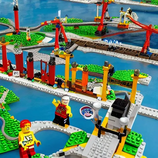 Prompt: a man has fallen into the river in lego city