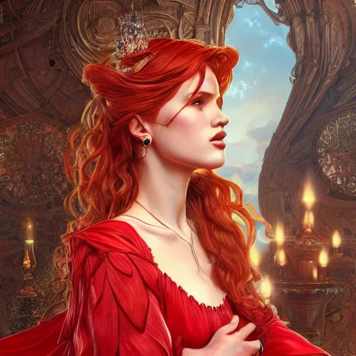 Prompt: ultra realistic illustration, bella thorne as the red queen, intricate, elegant, highly detailed, digital painting, artstation, concept art, smooth, sharp focus, illustration, art by artgerm and greg rutkowski and alphonse mucha