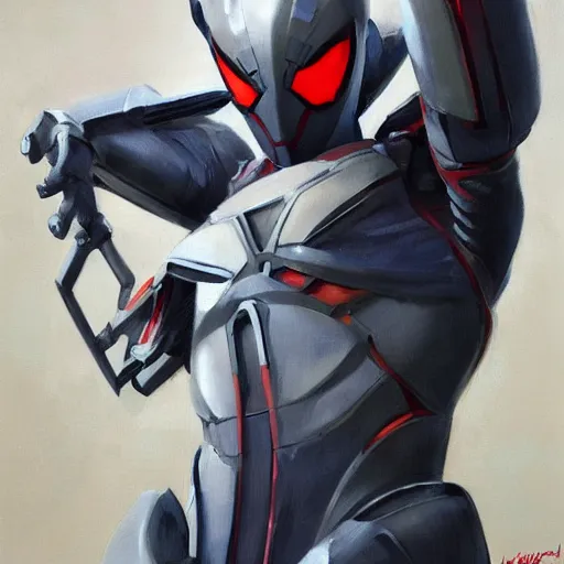 Image similar to greg manchess portrait painting of armored spiderman ultraman grey fox metal gear cyborg hybrid as overwatch character, medium shot, asymmetrical, profile picture, organic painting, sunny day, matte painting, bold shapes, hard edges, street art, trending on artstation, by huang guangjian and gil elvgren and sachin teng