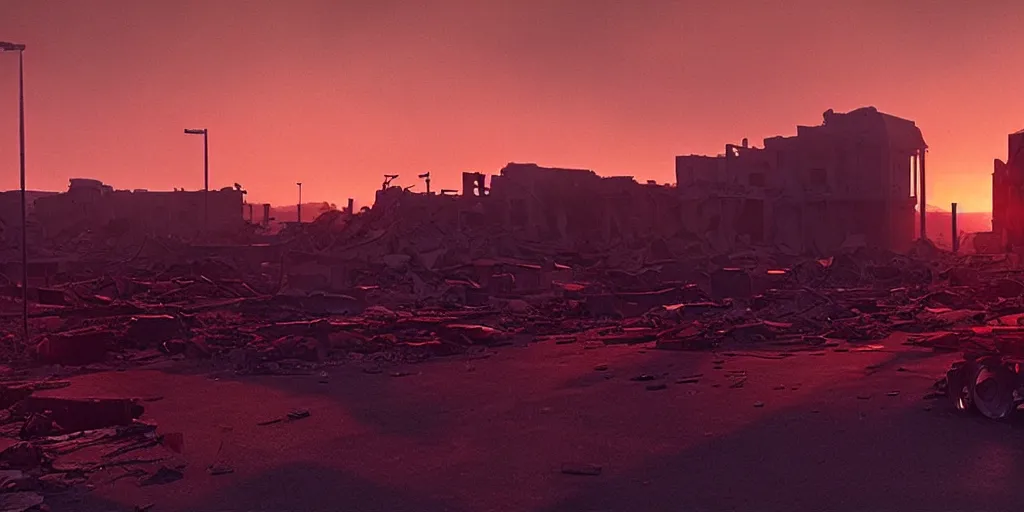 Image similar to a film still landscape by roger deakins - a destroyed city, 3 5 mm lens, early morning, dramatic lighting, cinematography, sunset red and orange, cinematic, global illumination, highly detailed, photorealistic