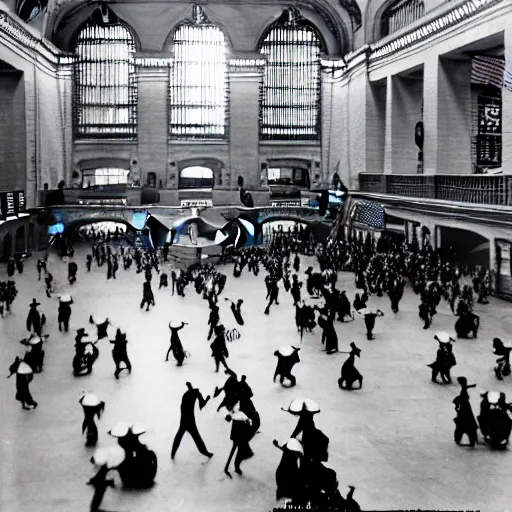 Prompt: colorized photo of water - balloon fight in grand central station 1 9 2 3