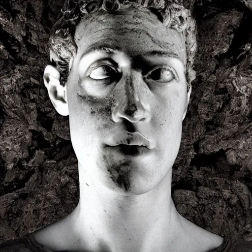 Image similar to Award-winning photograph by Cindy Sherman. The photo depicts a decaying roman bust of Mark Zuckerberg overgrown with moss at the bottom of the sea in the middle of ruins of civilization. Minimalism, high definition, perfect composition. Deep sea picture. Very dark. Volumetric Lighting. Fish. Darkness. Ruins