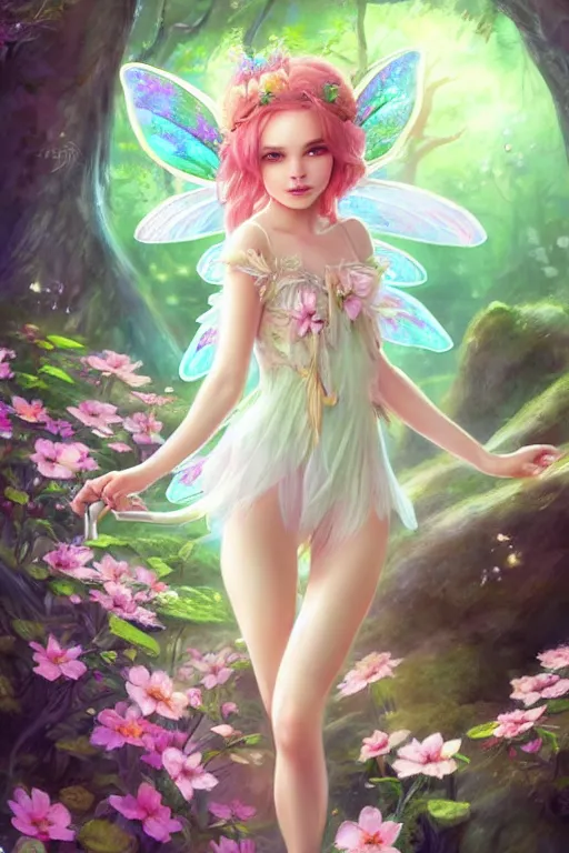 Image similar to a cute fairy in the dreamy forest, fantasy, 8 k resolution, hyper detailed, d & d, character design, digital painting, trending on artstation, sharp focus, illustration, art by artgerm, steve zheng, fuji choko, viktoria gavrilenko, hoang lap