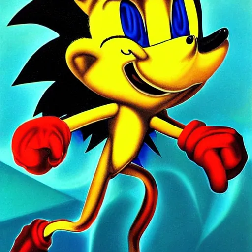 Prompt: a distorted, surrealist painting of classic Sonic the Hedgehog in the style of Salvador Dali, 1991