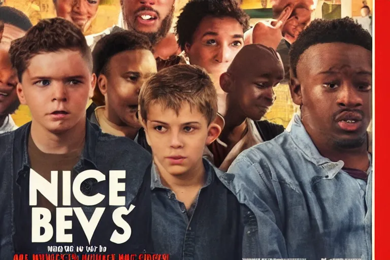 Image similar to a movie poster with dog - eared corners, advertising a movie called nice boys, showing a diverse crowd of young men being nice to strangers