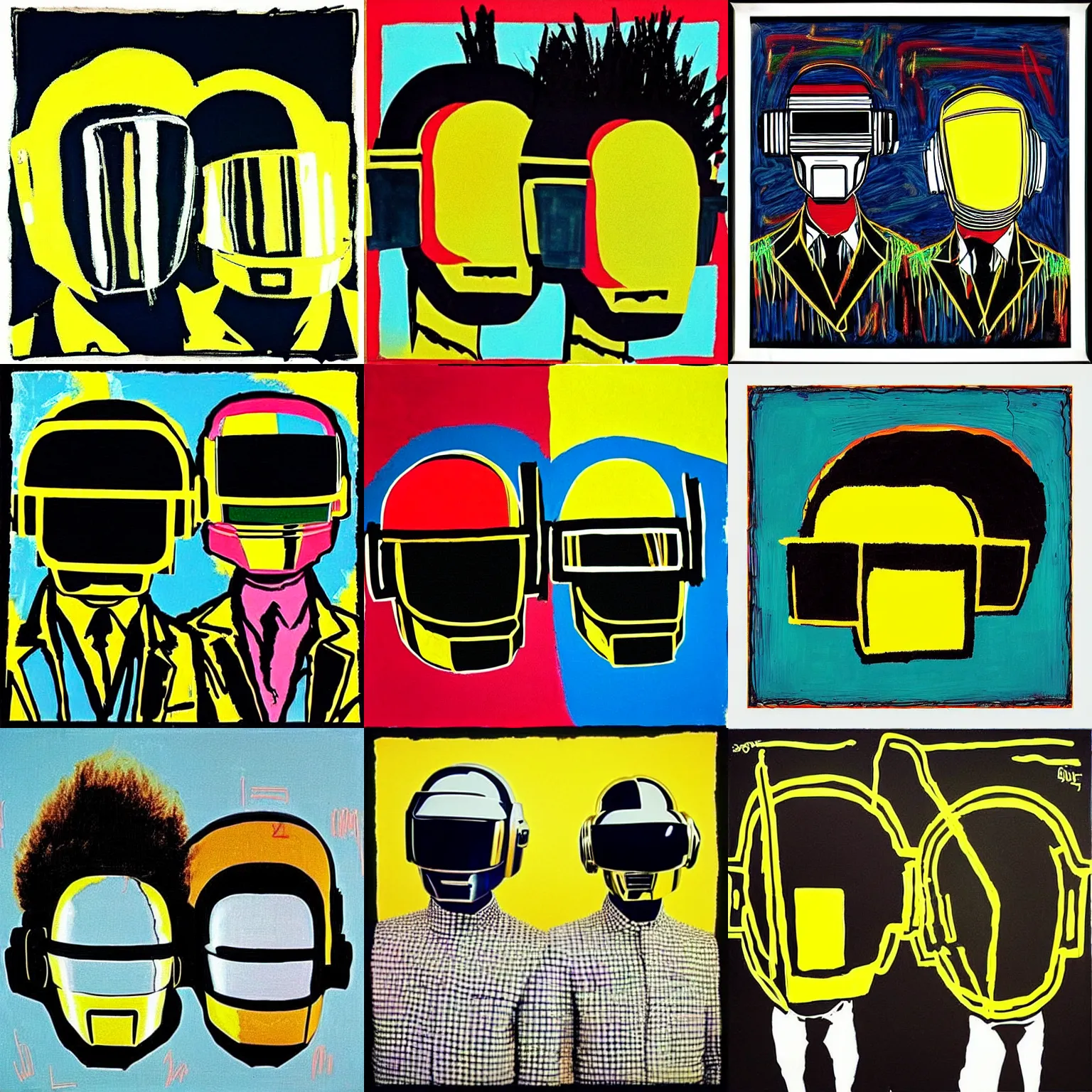 Prompt: “daft punk by basquiat, masterpiece painting”