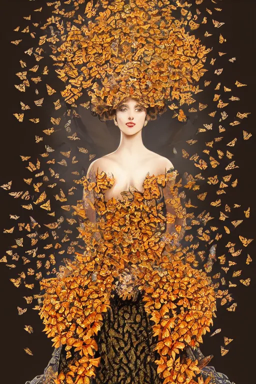 Prompt: beautiful woman wearing avant-garde gown made of monarch butterflies, Alexander McQueen gown, flower background, full body character concept art, editorial photo, cinematic color grading, hyperrealism, elegant, detailed, illustration, dramatic lighting, soft details, painting, by Edmund Blair Leighton, Brom, Charlie Bowater, trending on artstation, faces by otto schmidt